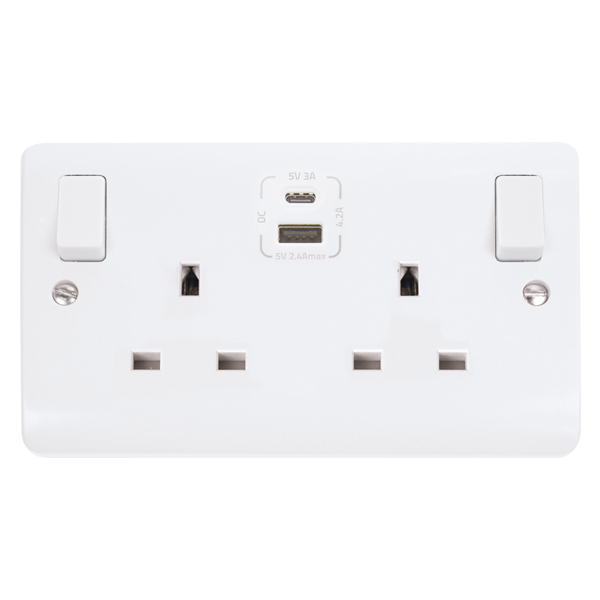 CLICK MODE 2 GANG SWITCHED SOCKET WITH 1 X 1A TYPE A & 1 X 3A TYPE C USB CHARGING POINTS