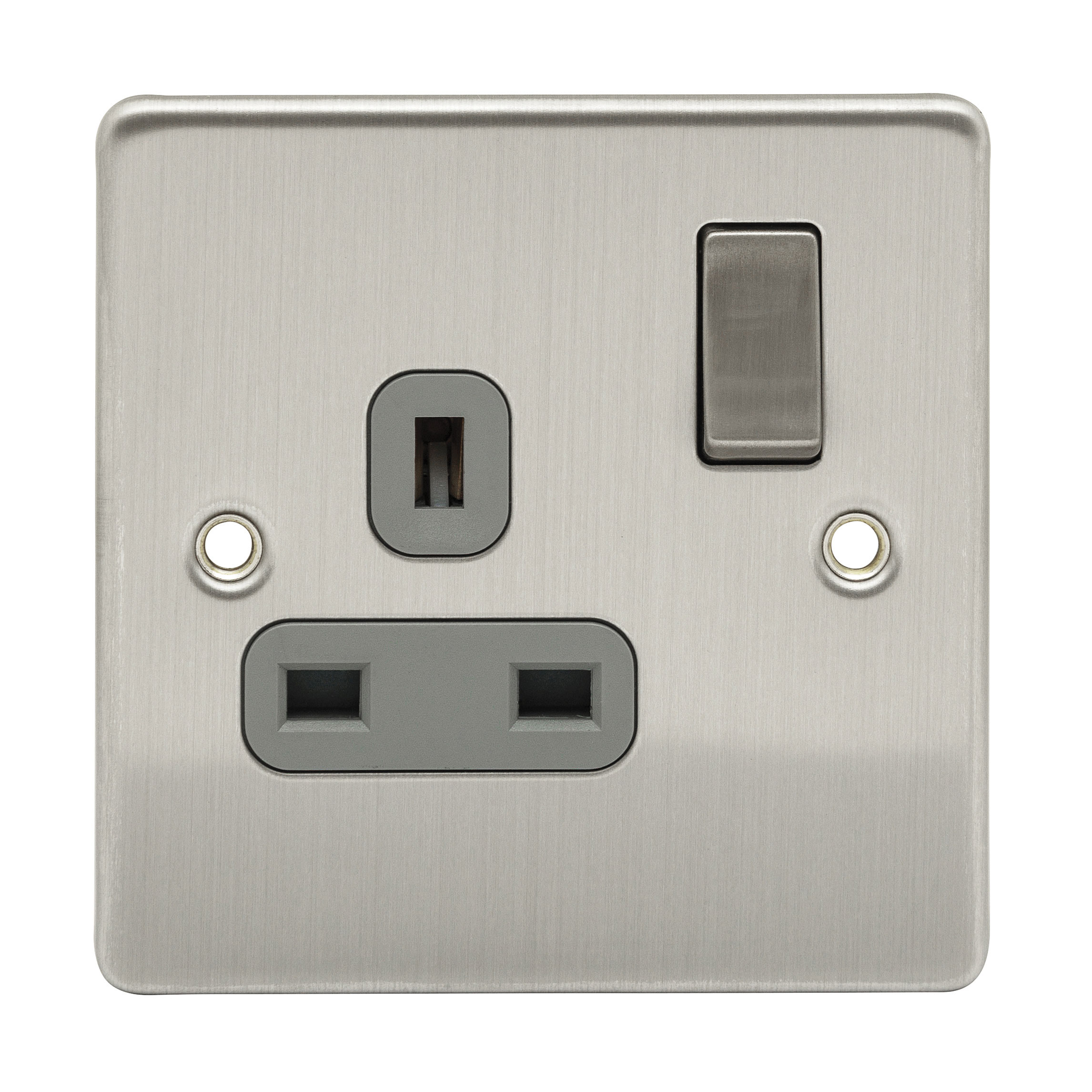 PREMIUM EDGE S 13A 1 GANG DP SWITCHED BRUSHED CHROME SINGLE SOCKET WITH GREY INSERTS