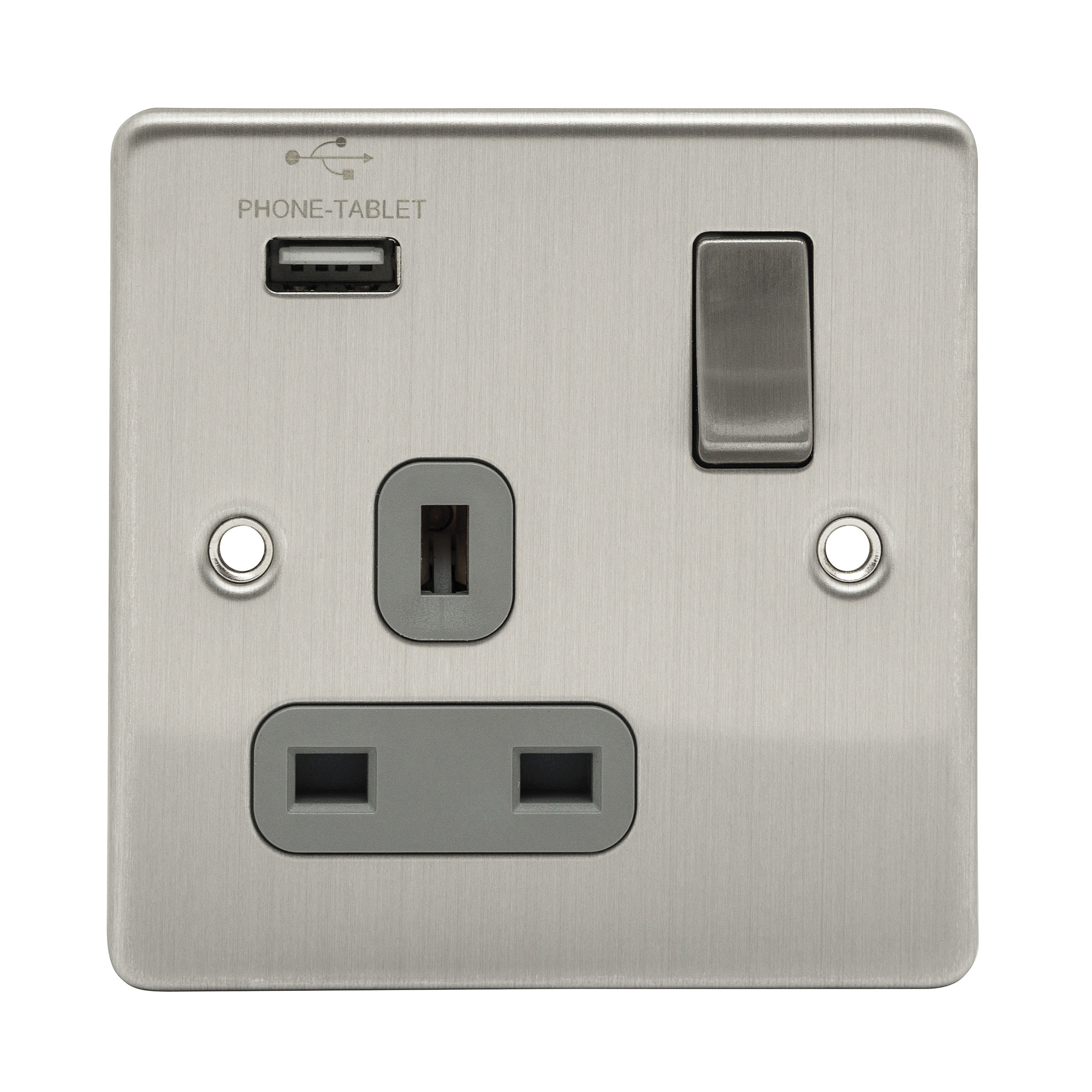 PREMIUM EDGE S  BRUSHED CHROME SINGLE SWITCHED SOCKET WITH 2.1A USB & GREY INSERTS