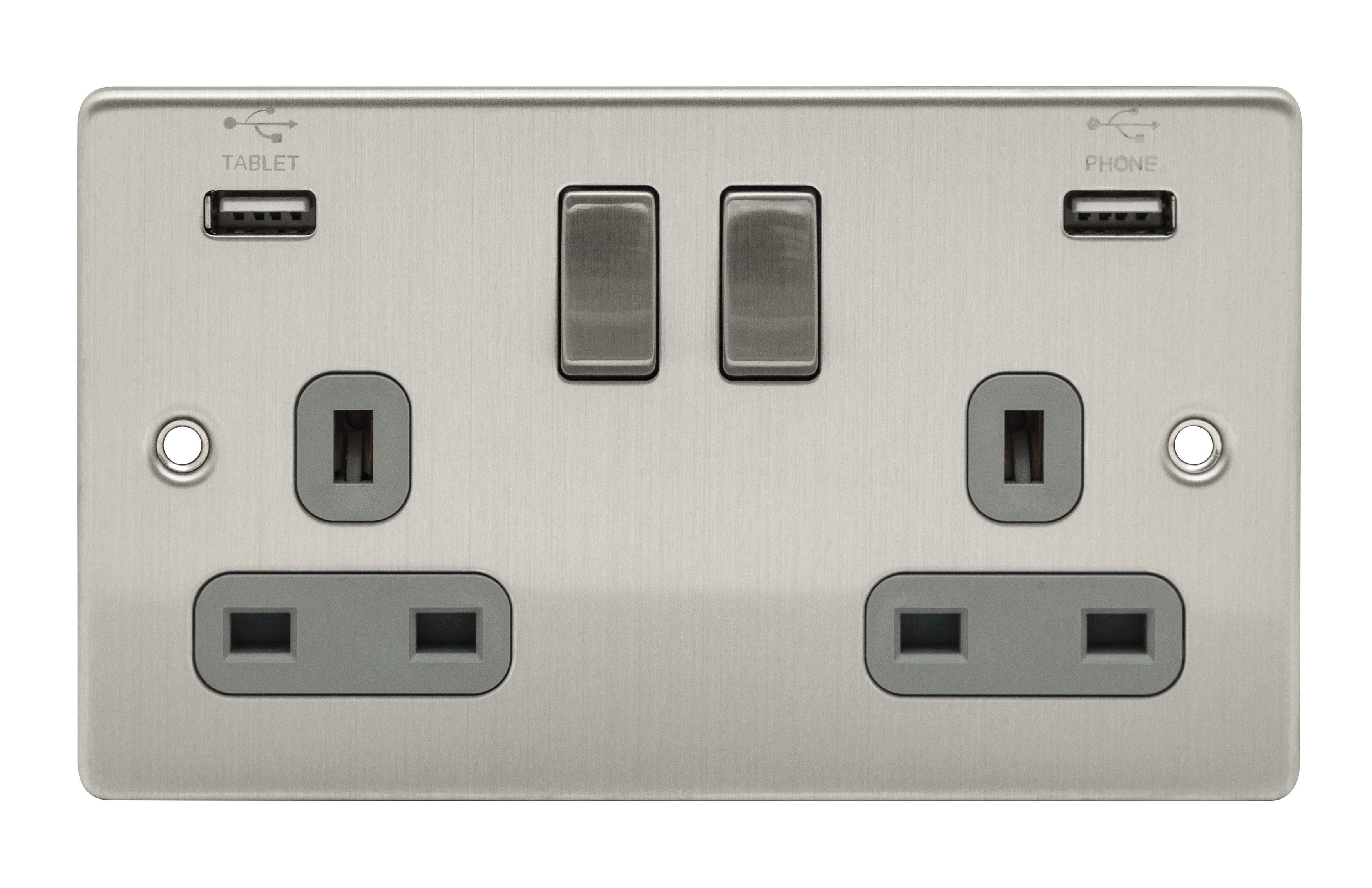 NIGLON PREMIER EDGE S BRUSHED CHROME 2 GANG SOCKET WITH USB & GREY INSERTS
