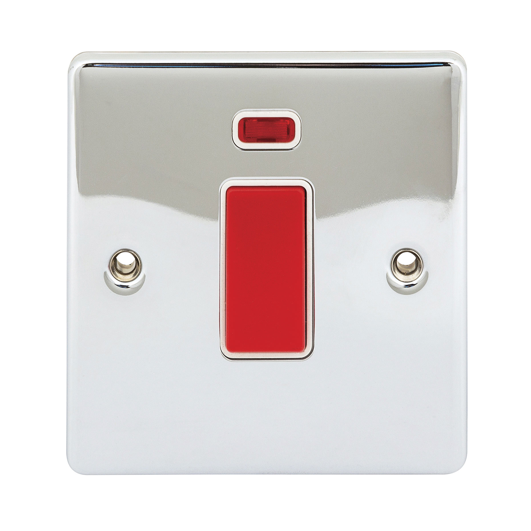 NIGLON PREMIUM EDGE POLISHED CHROME WHITE INSERT 45A DOUBLE POLE SWITCH WITH NEON SINGLE PLATE