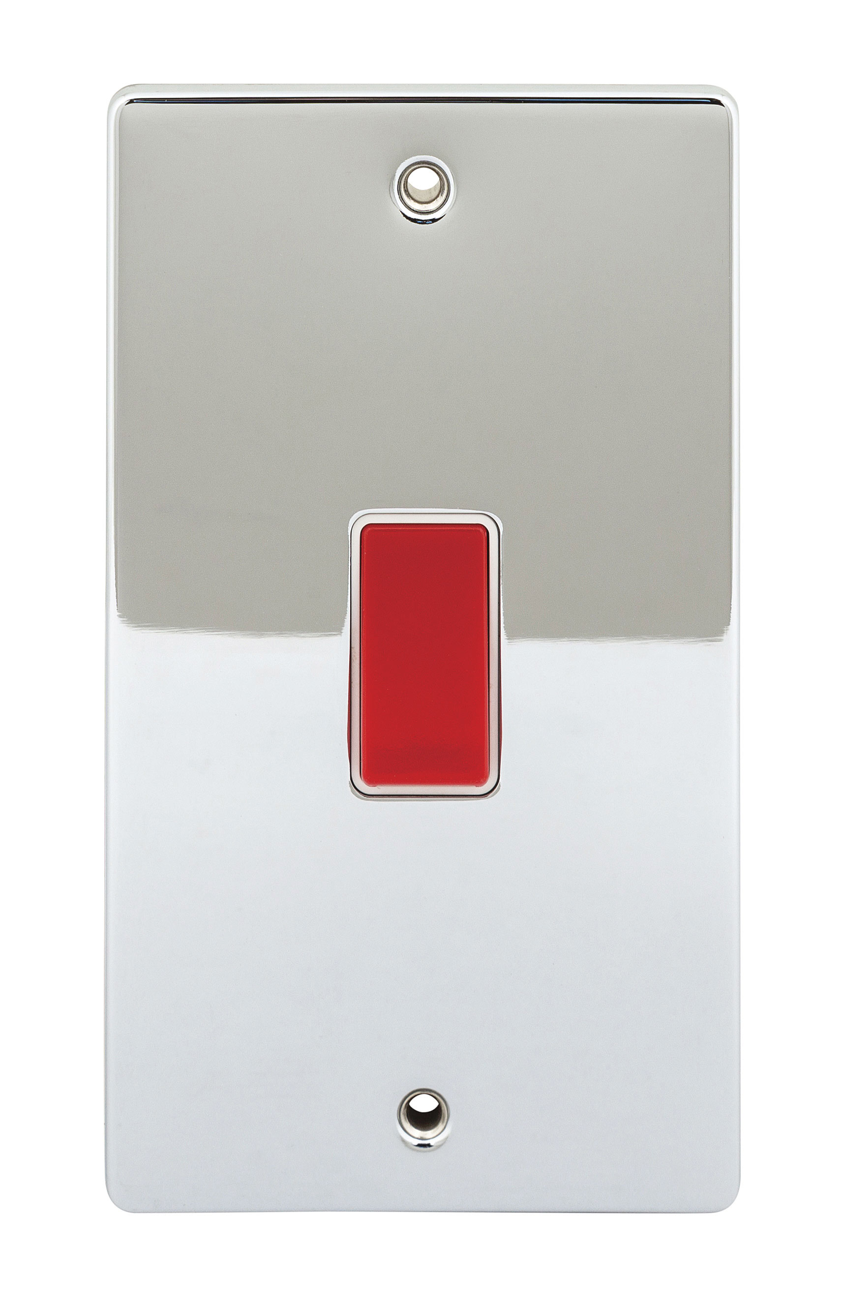 NIGLON 45A DOUBLE POLE SWITCH, POLISHED CHROME, WHITE INSERTS, 2G PLATE.