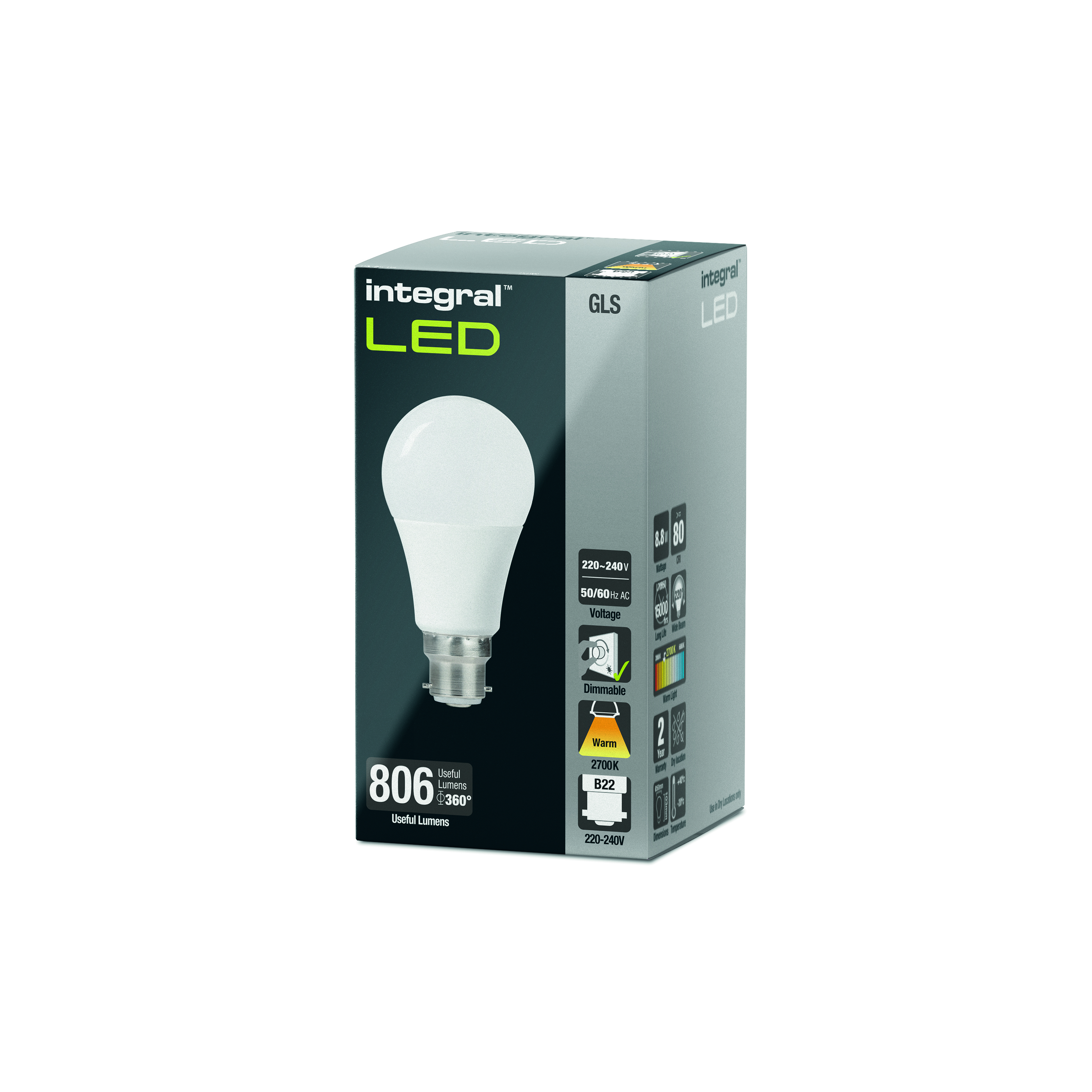 INTEGRAL GLS LED B22 8.8W 2700K DIMMABLE FROSTED GLASS 