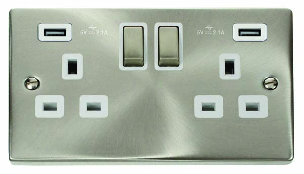 CLICK DECO 13A 2 GANG SWITCHED SOCKET WITH 2 X 2.1A USB OUTLETS VICTORIAN SATIN CHROME WHITE