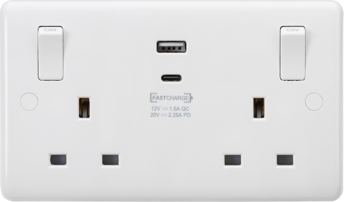 KNIGHTSBRIDGE CURVED EDGE USB A&C FAST CHARGE DOUBLE SOCKET MAX 45W WHITE  