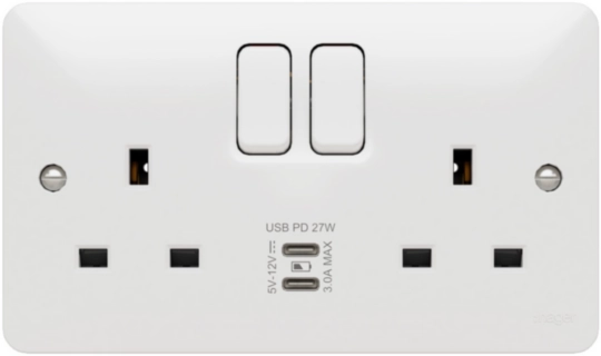 HAGER SOLLYSTA 13A 2 GANG SWITCHED SOCKET C/W USB C+C