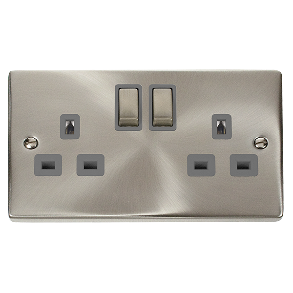 CLICK DECO 13A 2 GANG SWITCHED SOCKET VICTORIAN SATIN CHROME GREY