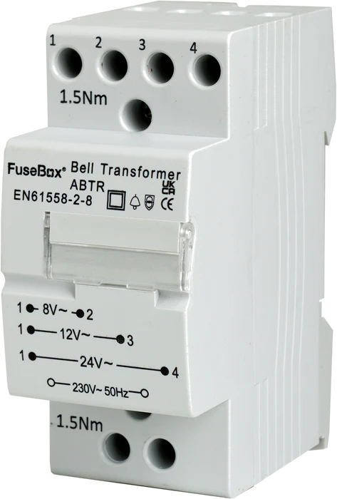 FUSEBOX BELL TRANSFORMER 8/12/24V 2 MODULE DIN RAIL MOUNTED