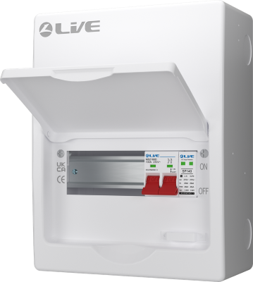 LIVE SRN, 8 MODULE, 5 USEABLE WAY CONSUMER UNIT WITH SPD & DOUBLE POLE BUSBAR - NO FLYLEADS